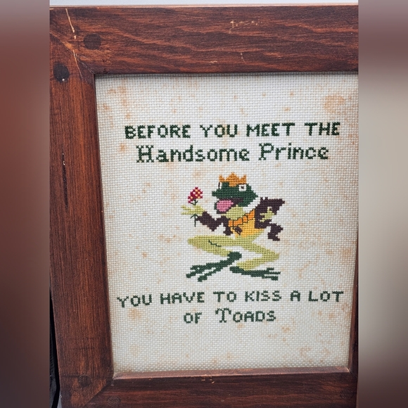 MCM Wood Framed Frog Cross Stitch Art Work Kiss Toads Before Prince Eat Bugs Vtg - Picture 2 of 10